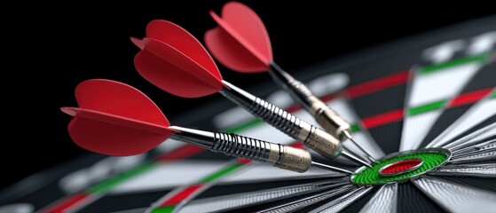 Three darts hit the bullseye on a dartboard.