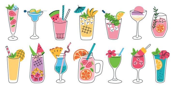 Vector illustration set of summer lemonades, fruity cocktails and mocktails in glass cups. Flat cartoon tropical drinks with ice, berries, herbs, mango, strawberry, and citrus, trendy bright icons