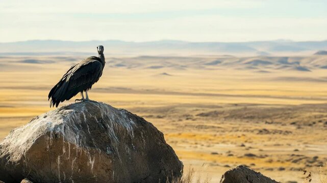 Majestic vulture observing vast desert plains from rocky perch under clear sky