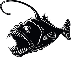 Anglerfish Illustration - Deep Sea Fish Art - Predatory Marine Life Drawing - Unique Ocean Creature Design - Underwater Horror Sketch - Bioluminescent Deep-Ocean Monster