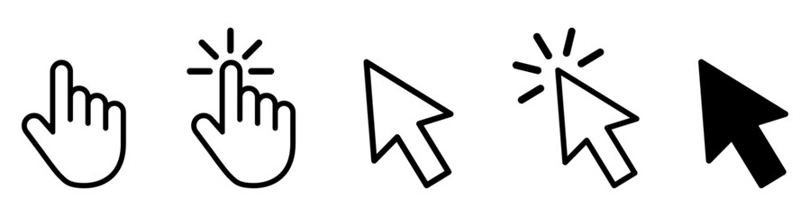 Set of hand and mouse cursor icons in various styles. Includes click gesture and pointer symbols in outline and solid design. Isolated vector illustration.