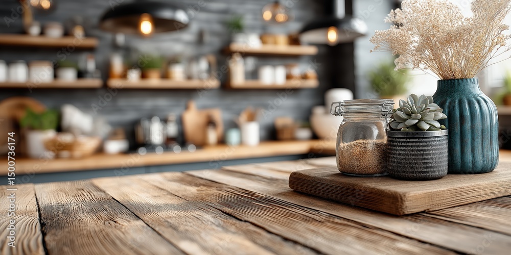 Poster rustic wooden table featuring decorative items and a blurred kitchen backdrop, creating a cozy and i