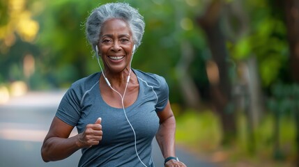 Portrait of active senior woman with grey hair wearing headphones jogging in green park smiling warmly and demonstrating fit and healthy lifestyle.