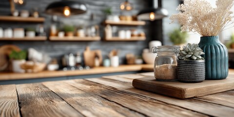 Rustic wooden table featuring decorative items and a blurred kitchen backdrop, creating a cozy and inviting atmosphere