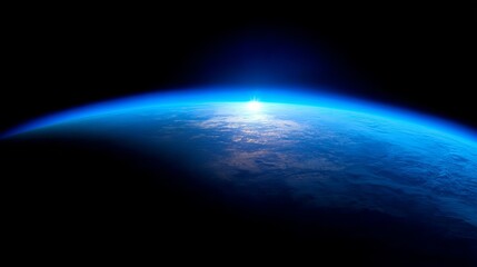 Fototapeta premium Aerial view of Earth's atmosphere with glowing blue ozone layer and dark gap symbolizing depletion, environmental protection and climate change awareness concept.