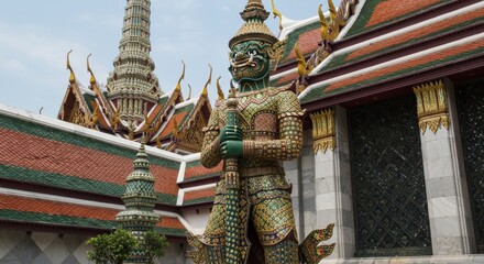 Fototapeta premium Photo of A Green Statue and Temple Architecture in a Daylight Scene