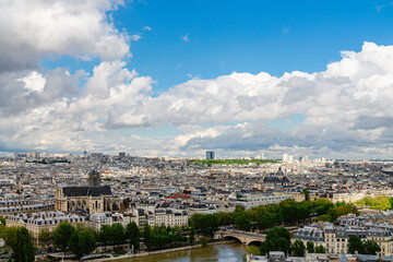 Aerial view from Notre Dame of Paris cityscape with Seine river, France
