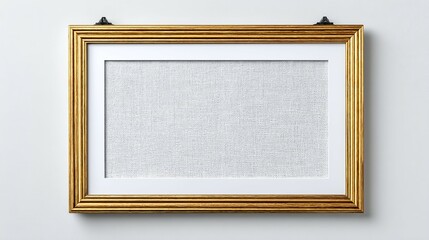 Gold frame hangs on a white wall with a white mat and blank center.