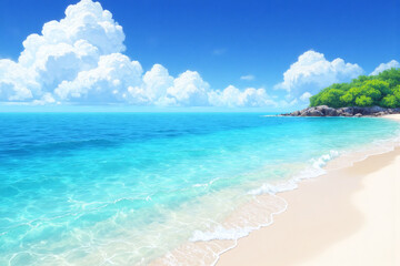 sandy beach with a small island in the distance