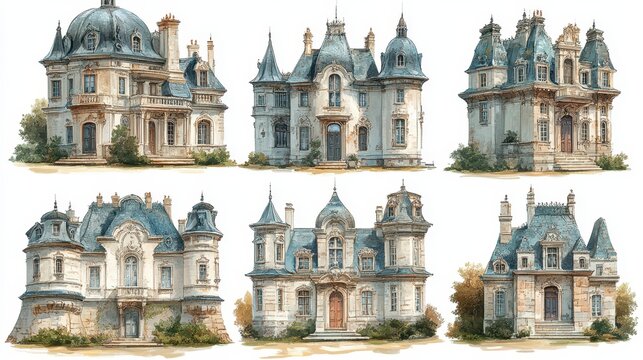 Six detailed stately mansions with unique architectural features, crumbling elegance