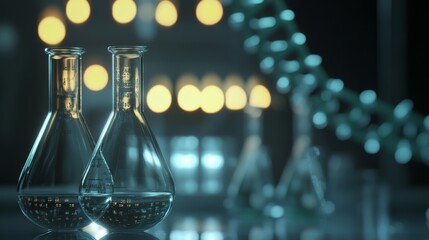 Close-up of dna double helix structure with laboratory glassware and chemical flasks in the background representing biotechnology and genetic research concepts
