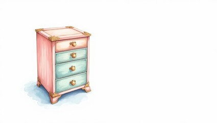 Elegant Pink and Teal Four Drawer Chest of Drawers Vintage Style Watercolor Illustration