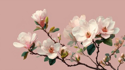 Fototapeta premium Minimalist 2D flat white magnolia on a plain light pink background, botanical floral design, garden theme