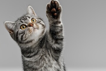 Obraz premium Adorable tabby kitten raising its paw playfully against a simple gray backdrop, capturing a moment of feline curiosity and charm