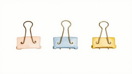 Pastel Colored Binder Clips Watercolor Illustration Office Supplies Stationery Gold Metal Pink Blue