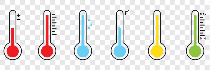 Thermometer with temperature scale, climate control, weather change, vector flat three-color icons with sunny or snowy day, weather pictogram. Thermometer temperature icon on transparent background