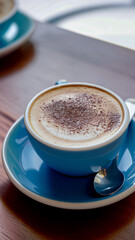 Obraz premium ココアパウダーをふりかけたカプチーノでコーヒーブレイク