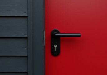 Photo of a Red Door with Black Handle and Grey Wall in Minimalistic Design