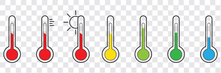 Thermometer with temperature scale, climate control, weather change, vector flat three-color icons with sunny or snowy day, weather pictogram. Thermometer temperature icon on transparent background