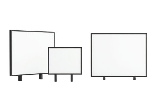 Three blank rectangular signage boards on stands