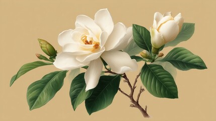 Obraz premium Simple 2D flat white gardenia on a plain beige background, elegant floral illustration, fragrant flower