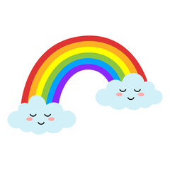 Cute Colorful Rainbow Accompanied by Smiling Clouds in a Charming Cartoon Style