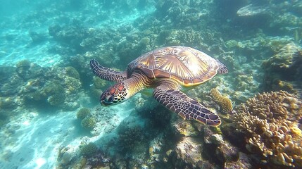Obraz premium Green sea turtle swimming over coral reef, crystal clear ocean, vibrant marine life, conservation theme 