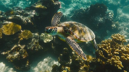 Fototapeta premium Green sea turtle swimming over coral reef, crystal clear ocean, vibrant marine life, conservation theme