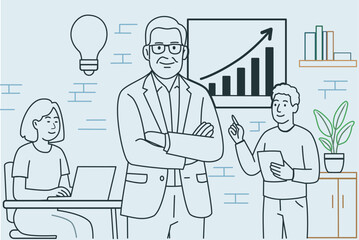 Line art of representation in senior tech roles and leadership positions at startup companies.	