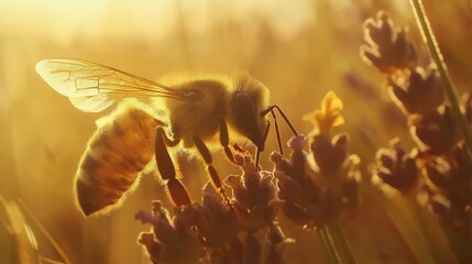 Honeybee collecting nectar on blooming lavender flower, macro shot, soft golden sunlight, detailed wings 