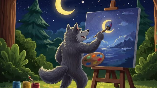 Cartoon wolf drawing a crescent moon on a canvas at night