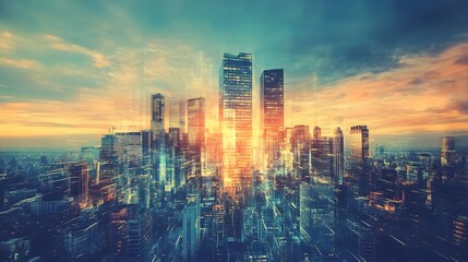 Obraz premium Cityscape at dawn, with illuminated buildings.