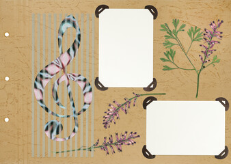 Scrapbook composition with flowers elements and photo frame. Page for stories. Layout photo album with empty photo frames. Page from an old photo album. Fumaria flowers. Treble clef.