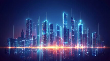 Fototapeta premium Futuristic cityscape at night with illuminated buildings.