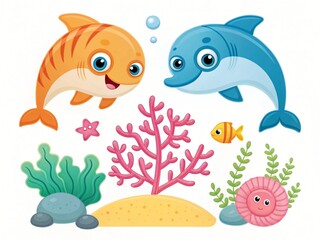 Fototapeta premium Adorable Cartoon Dolphins Fish and Coral Reef Underwater Scene Illustration