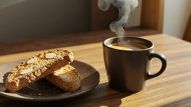 Warm coffee cup beside almond biscotti on a wooden table, with soft morning light illuminating the scene