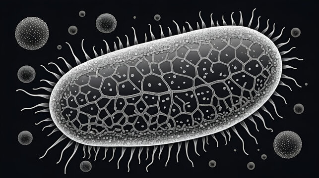 Vector illustration of a peritrichous bacterium in black and white with background. Hand drawn microbial cell with multiple flagella. Isolated objects in line art technique for medical designs