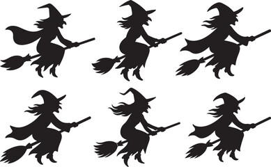 Flying witch on broomstick set in flat black silhouette vector design illustration Halloween bundle