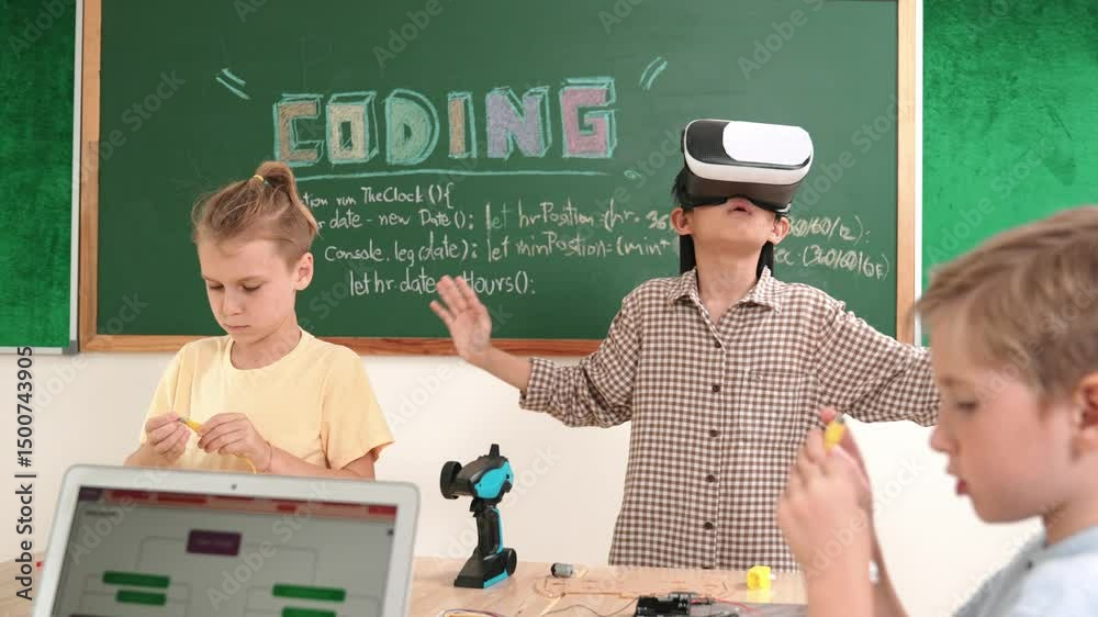 Poster energetic child wearing vr headset while enter virtual world at classroom. student programing system
