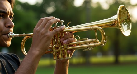 Photo of A Musician Playing a Golden Trumpet Outdoors in Green Park Sunlight