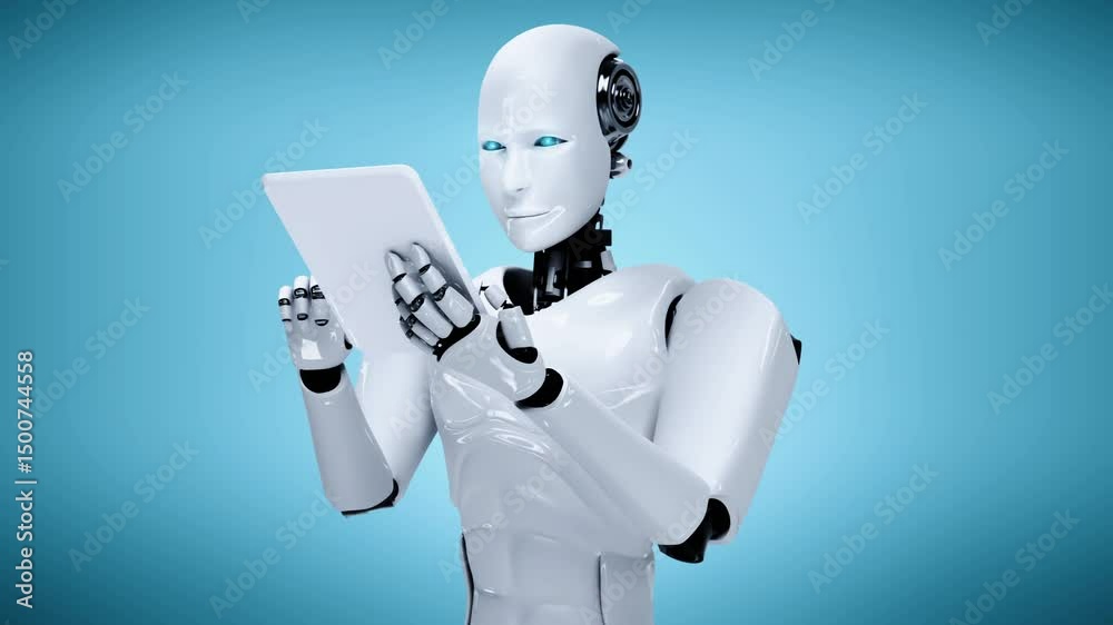 Poster robot hominoid using tablet computer for big data analytic using ai thinking brain , artificial inte