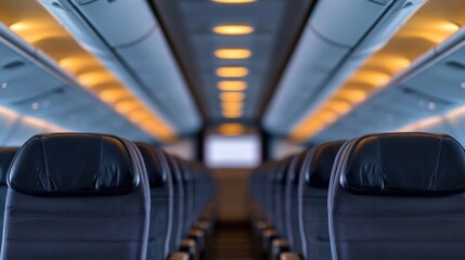 Interior of Airplane Cabin with Overhead Safety Lights Showing a Calm and Inviting Atmosphere