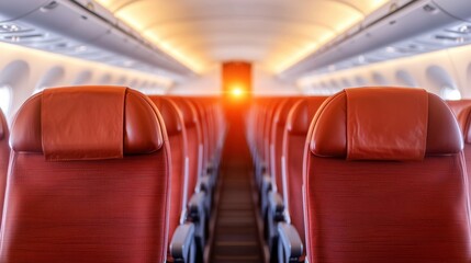 Emergency Lighting in Airplane Cabin Aisle with Glowing Effect Illuminating Rows of Empty Seats