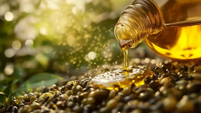 A bottle of honey is poured onto a pile of nuts. The honey is flowing out of the bottle and onto the ground