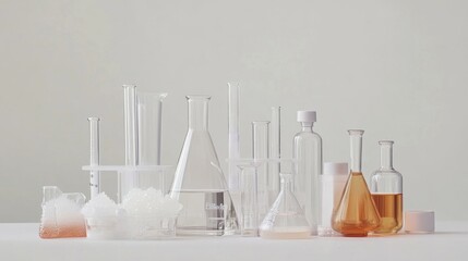 Laboratory glassware containing colorful chemical samples arranged on a clean white background for scientific research and analysis
