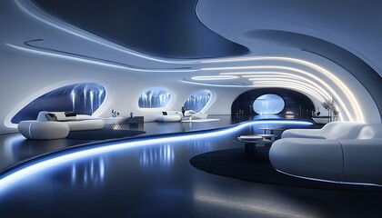 Futuristic lounge area with flowing design and ambient lighting.