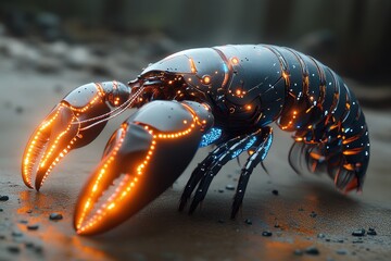 Robotic lobster on forest floor; sci-fi concept