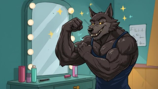 Cartoon werewolf flexing muscles in front of a mirror