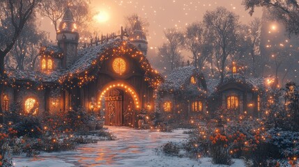 Obraz premium Cozy cottage glows with warm lights, nestled in a snowy, dreamy winter landscape at dusk