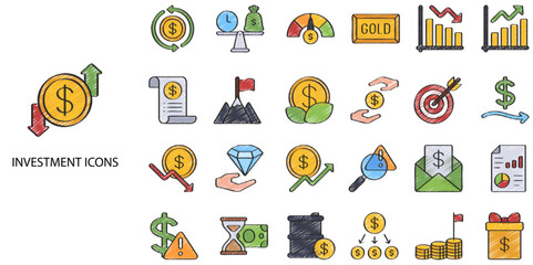 Fototapeta premium Investment simple concept 24 hand drawn color icons set .Vector illustration.